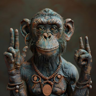 Stilisierte Affenstatue in Rost- und Patina-Optik mit Friedensgeste